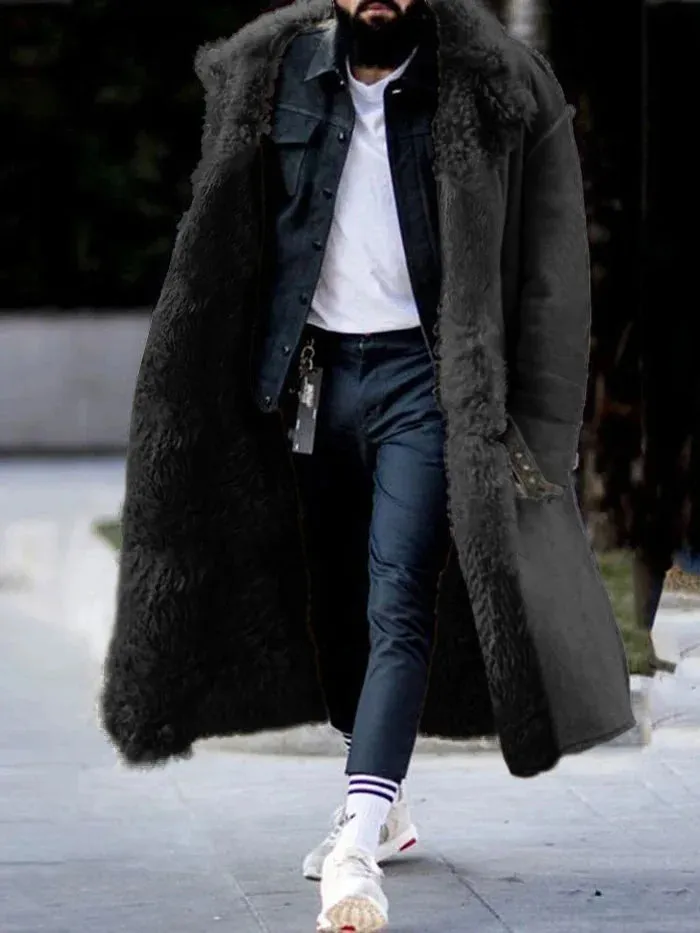 Men's Long Thickened Overcoat - Solid Color Frosted Velvet with Lapel and Cotton-Padded Lining for Autumn & Winter