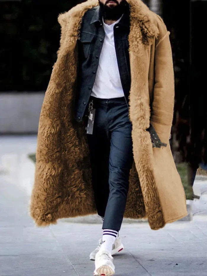 Men's Long Thickened Overcoat - Solid Color Frosted Velvet with Lapel and Cotton-Padded Lining for Autumn & Winter