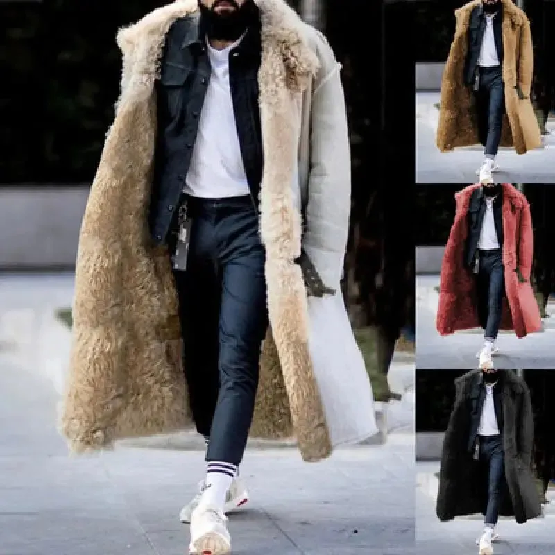 Men's Long Thickened Overcoat - Solid Color Frosted Velvet with Lapel and Cotton-Padded Lining for Autumn & Winter