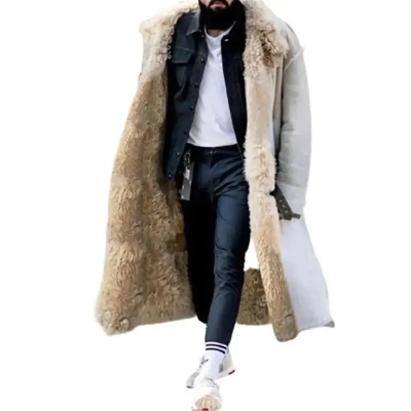 Men's Long Thickened Overcoat - Solid Color Frosted Velvet with Lapel and Cotton-Padded Lining for Autumn & Winter