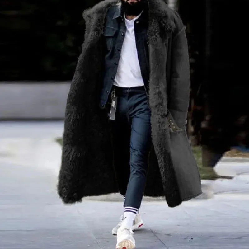 Men's Long Thickened Overcoat - Solid Color Frosted Velvet with Lapel and Cotton-Padded Lining for Autumn & Winter