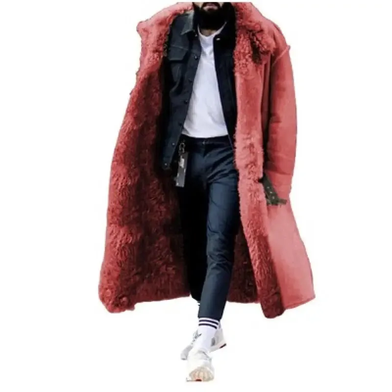 Men's Long Thickened Overcoat - Solid Color Frosted Velvet with Lapel and Cotton-Padded Lining for Autumn & Winter