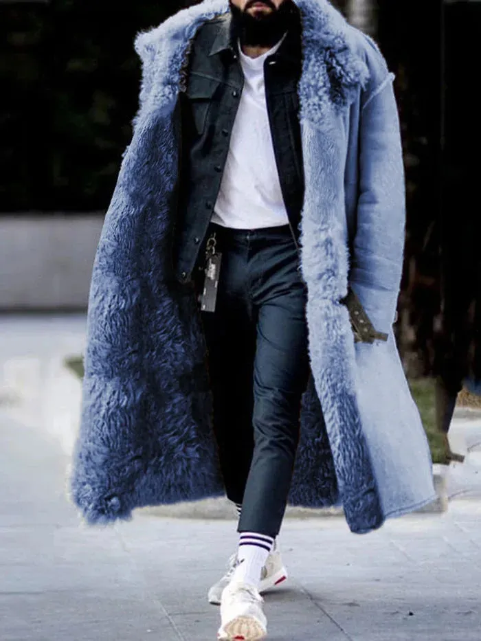 Men's Long Thickened Overcoat - Solid Color Frosted Velvet with Lapel and Cotton-Padded Lining for Autumn & Winter