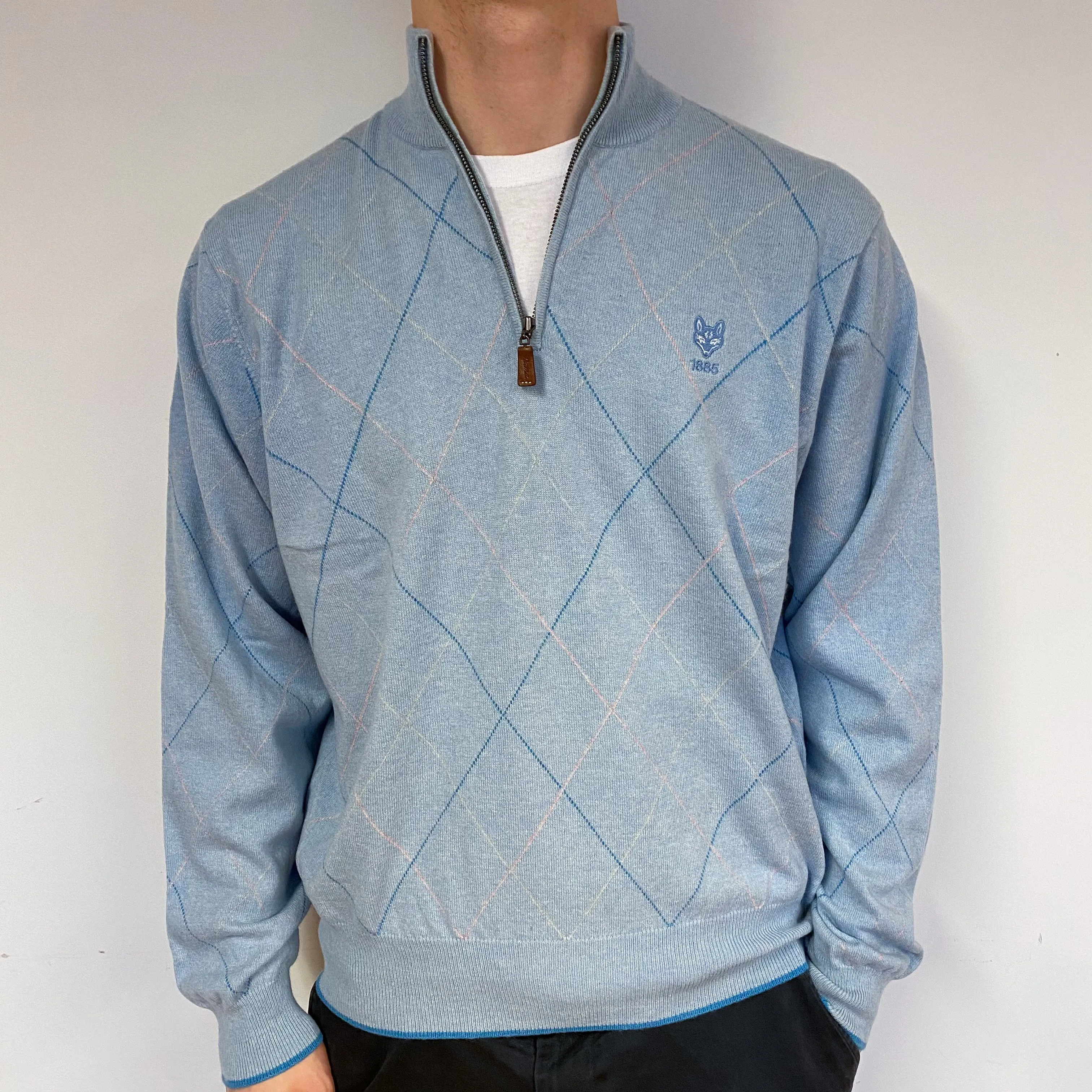 Men's Opal Blue Diamond Cashmere 1/4 Zip Jumper Large