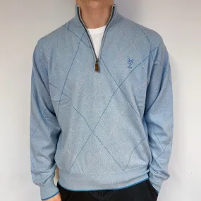 Men's Opal Blue Diamond Cashmere 1/4 Zip Jumper Large