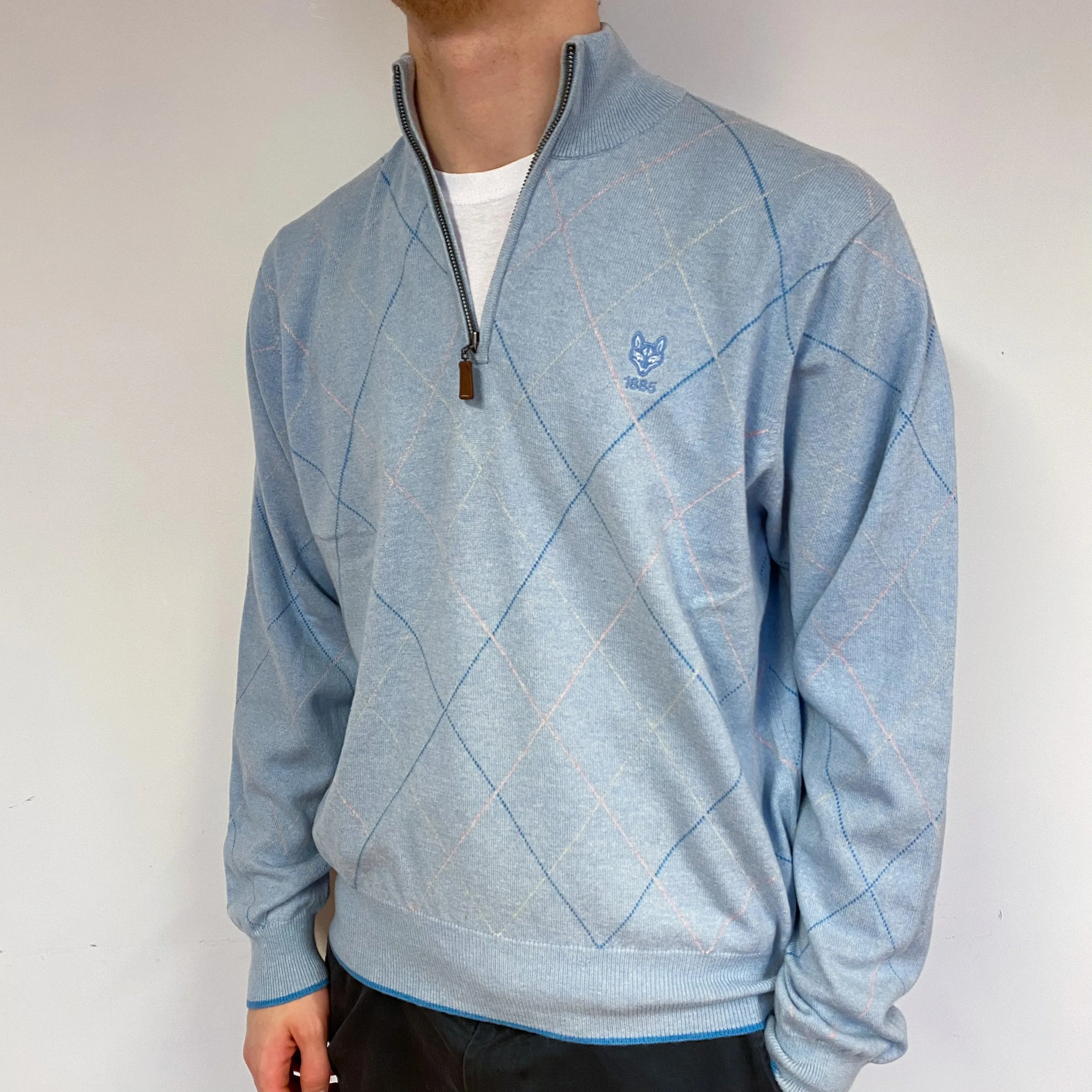 Men's Opal Blue Diamond Cashmere 1/4 Zip Jumper Large