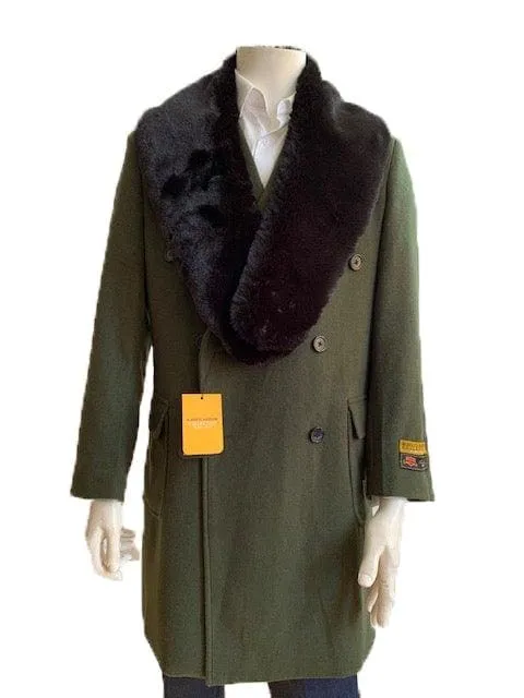 Mens Overcoat With Fur Collar - Double Breasted Cashmere And Wool Topcoat in 14 Colors