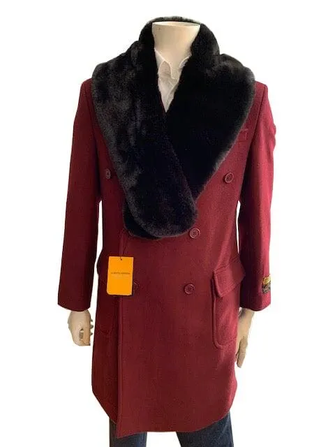 Mens Overcoat With Fur Collar - Double Breasted Cashmere And Wool Topcoat in 14 Colors