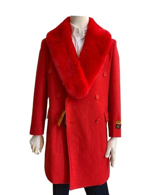 Mens Overcoat With Fur Collar - Double Breasted Cashmere And Wool Topcoat in 14 Colors