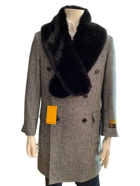 Mens Overcoat With Fur Collar - Double Breasted Cashmere And Wool Topcoat in 14 Colors
