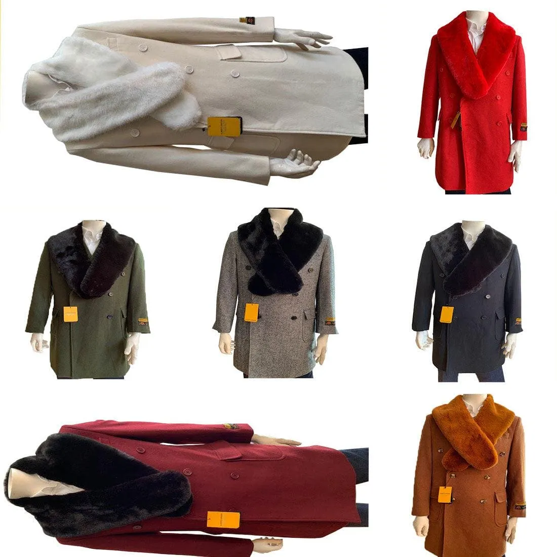 Mens Overcoat With Fur Collar - Double Breasted Cashmere And Wool Topcoat in 14 Colors