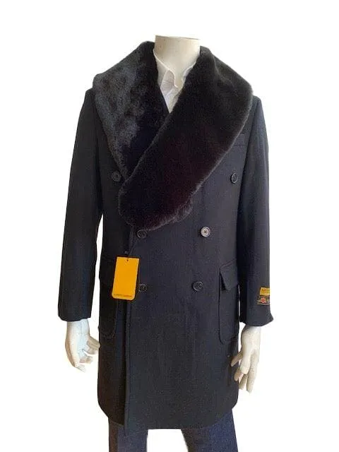 Mens Overcoat With Fur Collar - Double Breasted Cashmere And Wool Topcoat in 14 Colors