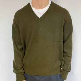 Men's Seaweed Green Cashmere V-Neck Jumper Large