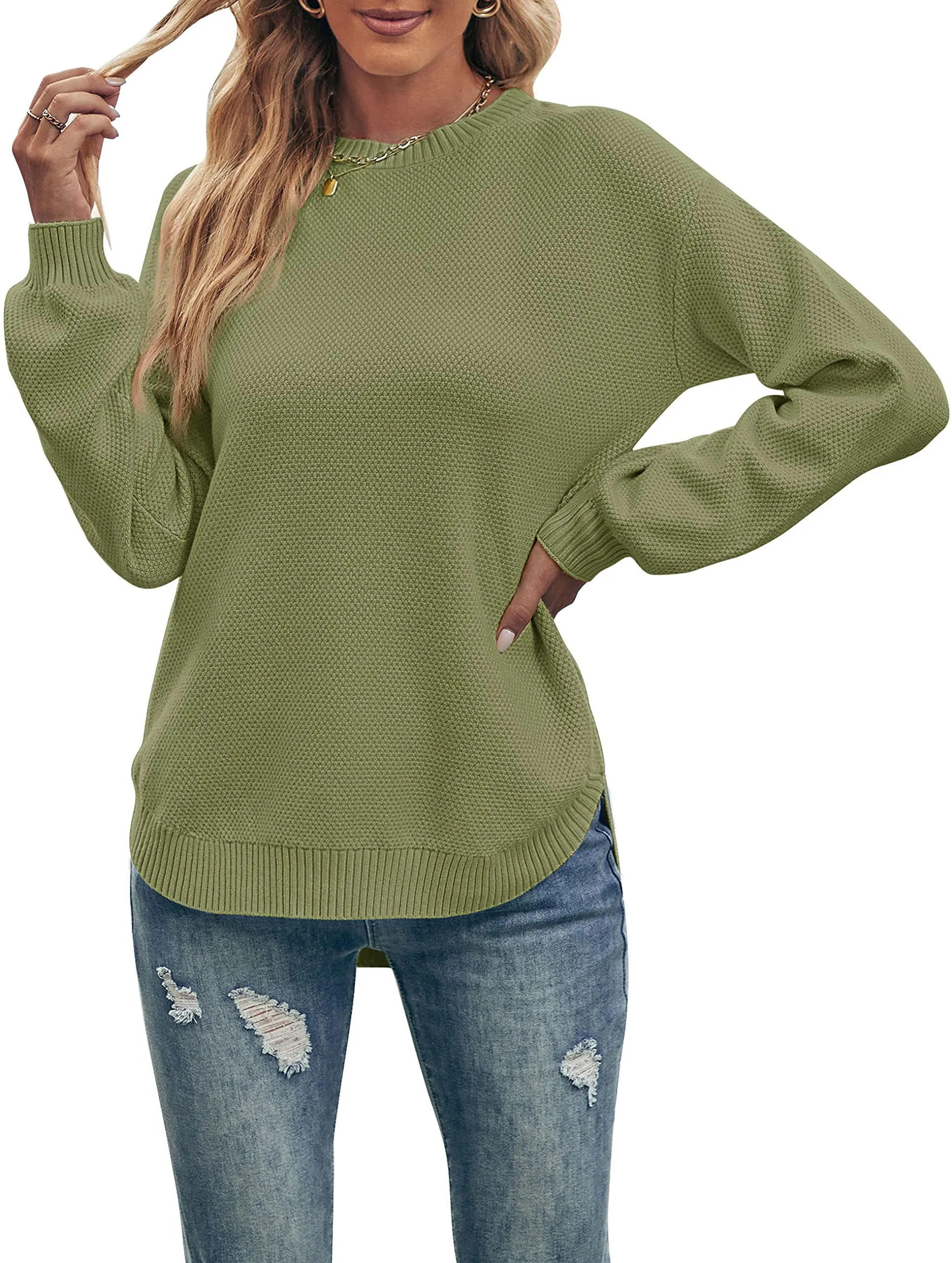 MEROKEETY Round Neck Waffle Knit Pullover Sweater
