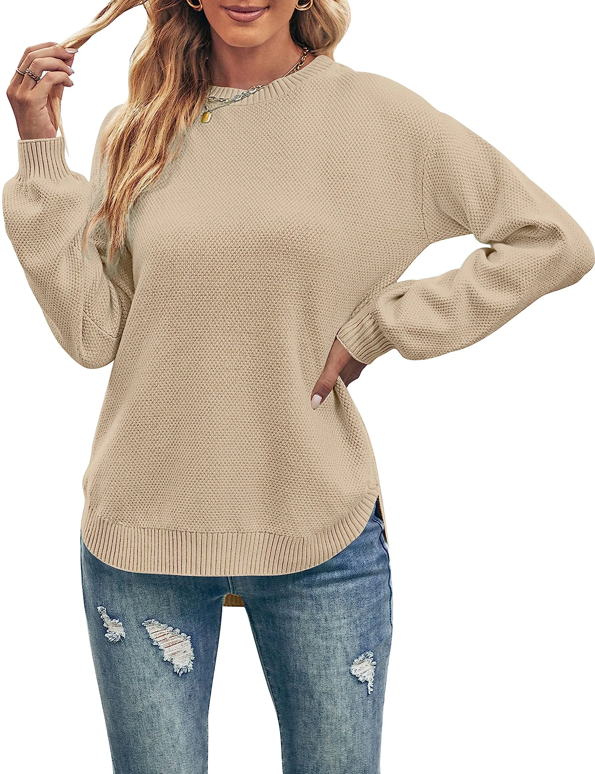 MEROKEETY Round Neck Waffle Knit Pullover Sweater