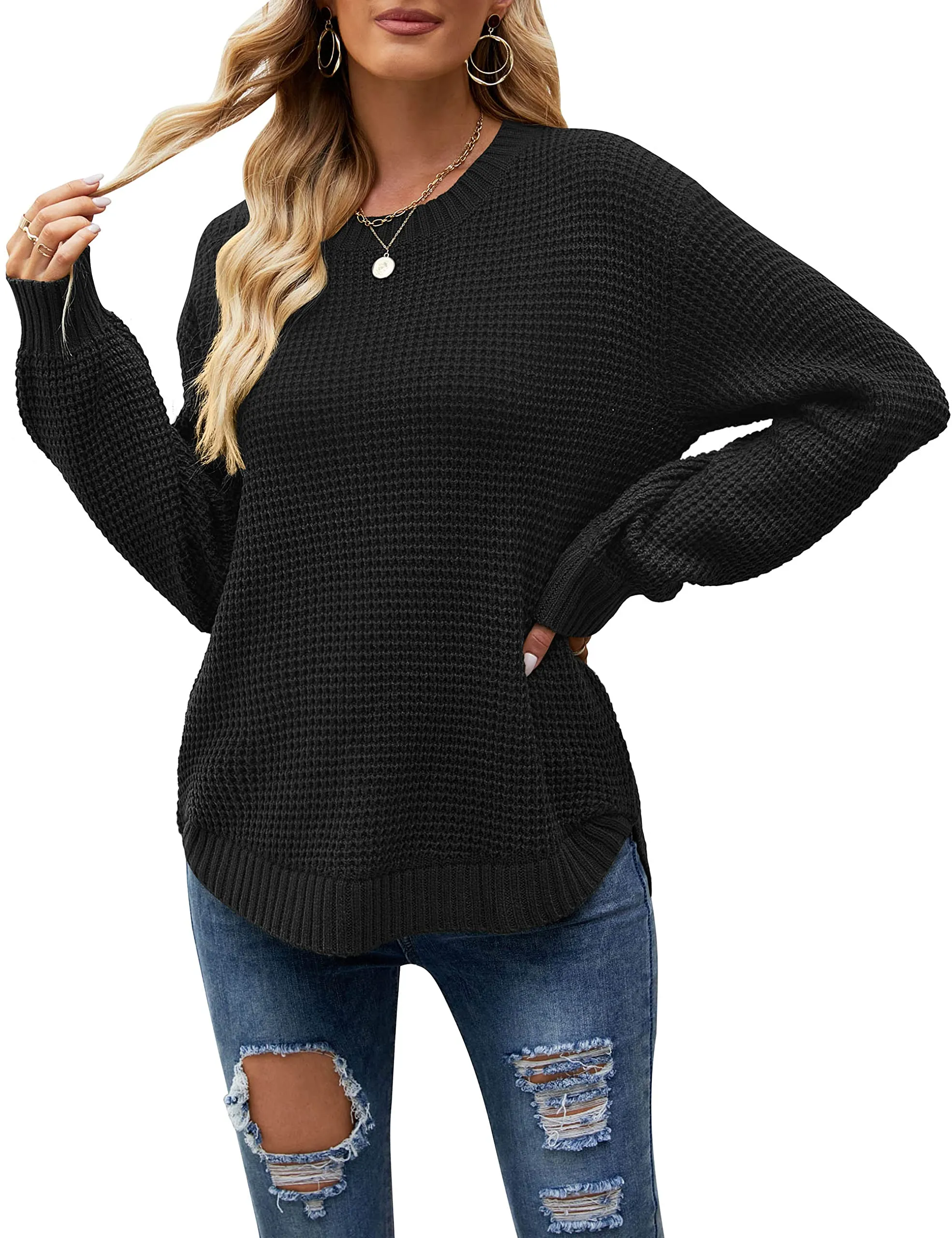 MEROKEETY Round Neck Waffle Knit Pullover Sweater