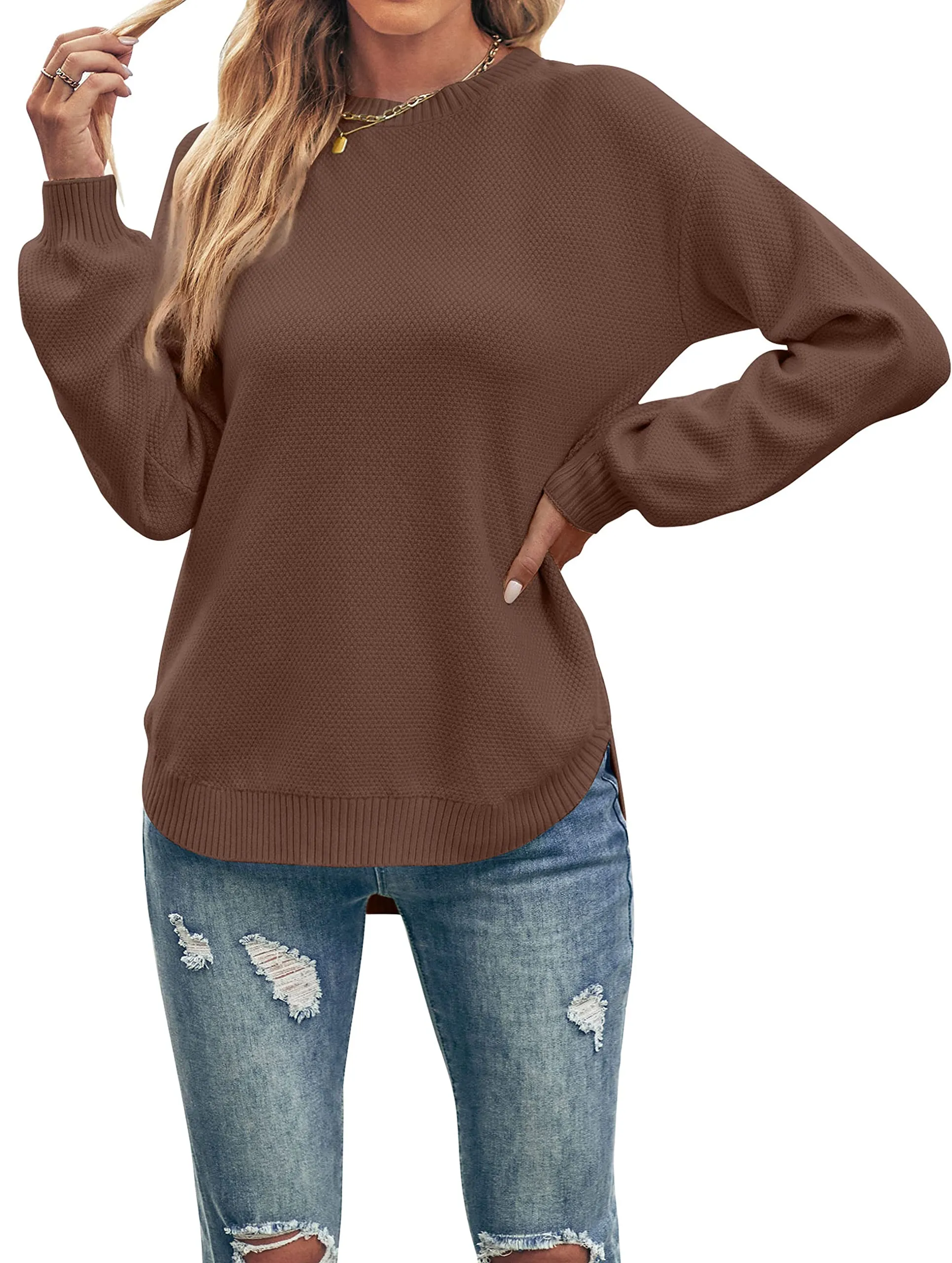 MEROKEETY Round Neck Waffle Knit Pullover Sweater