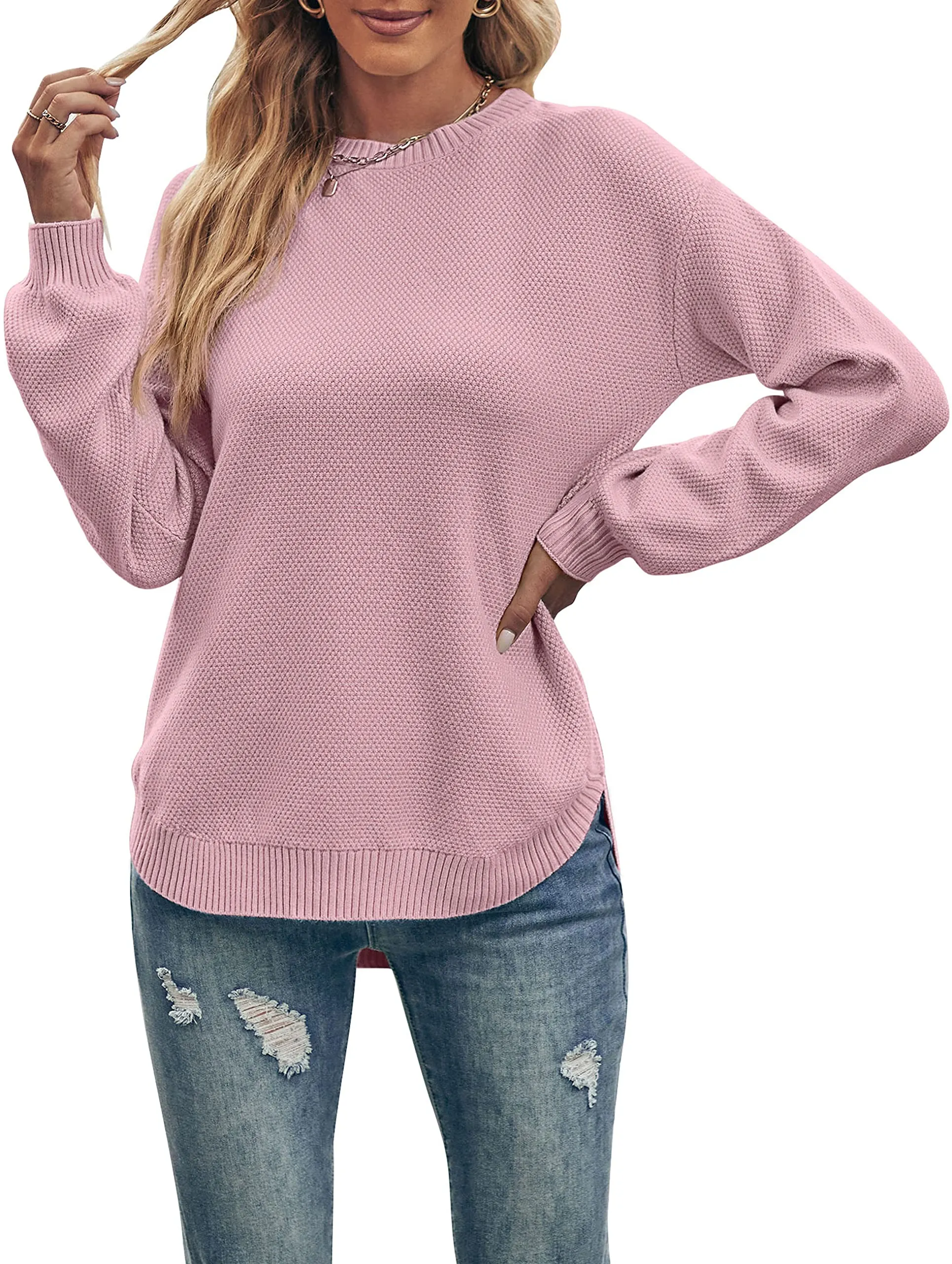 MEROKEETY Round Neck Waffle Knit Pullover Sweater