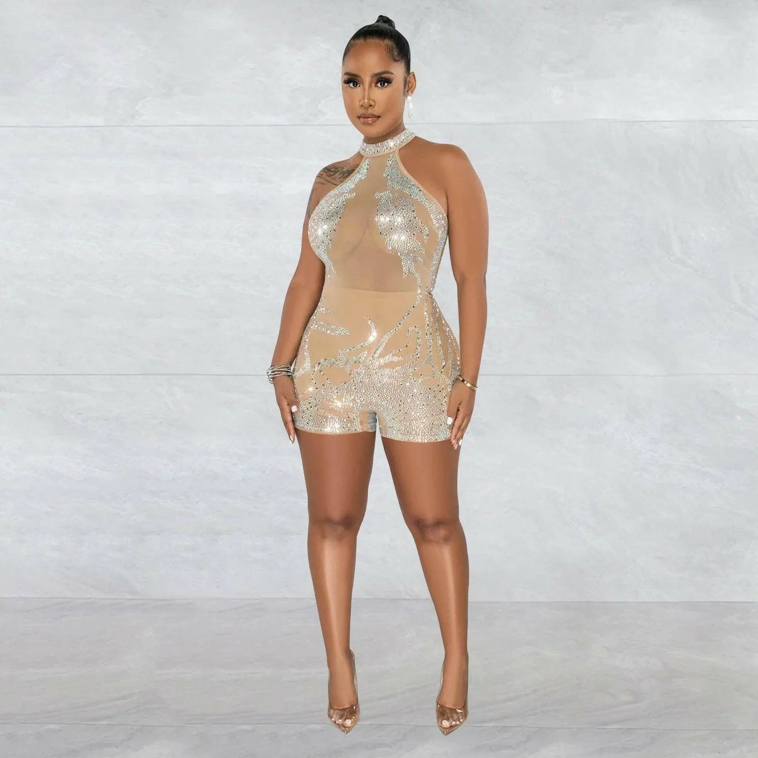 Mila Gauze Perspective Ironing Sleeveless Shorts Jumpsuit-Apricot-FINAL SALE