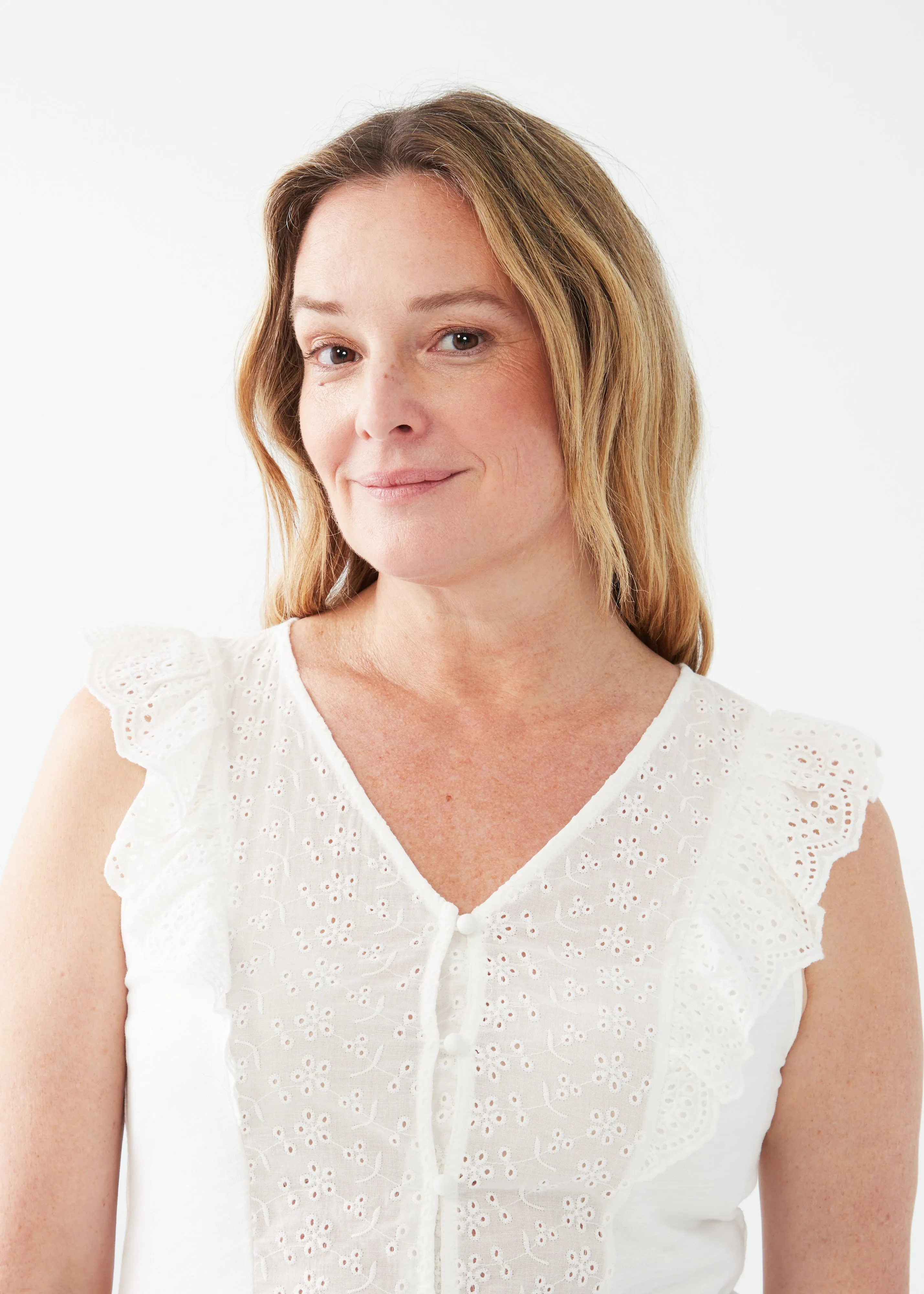 Mix Media Eyelet V-Neck Top