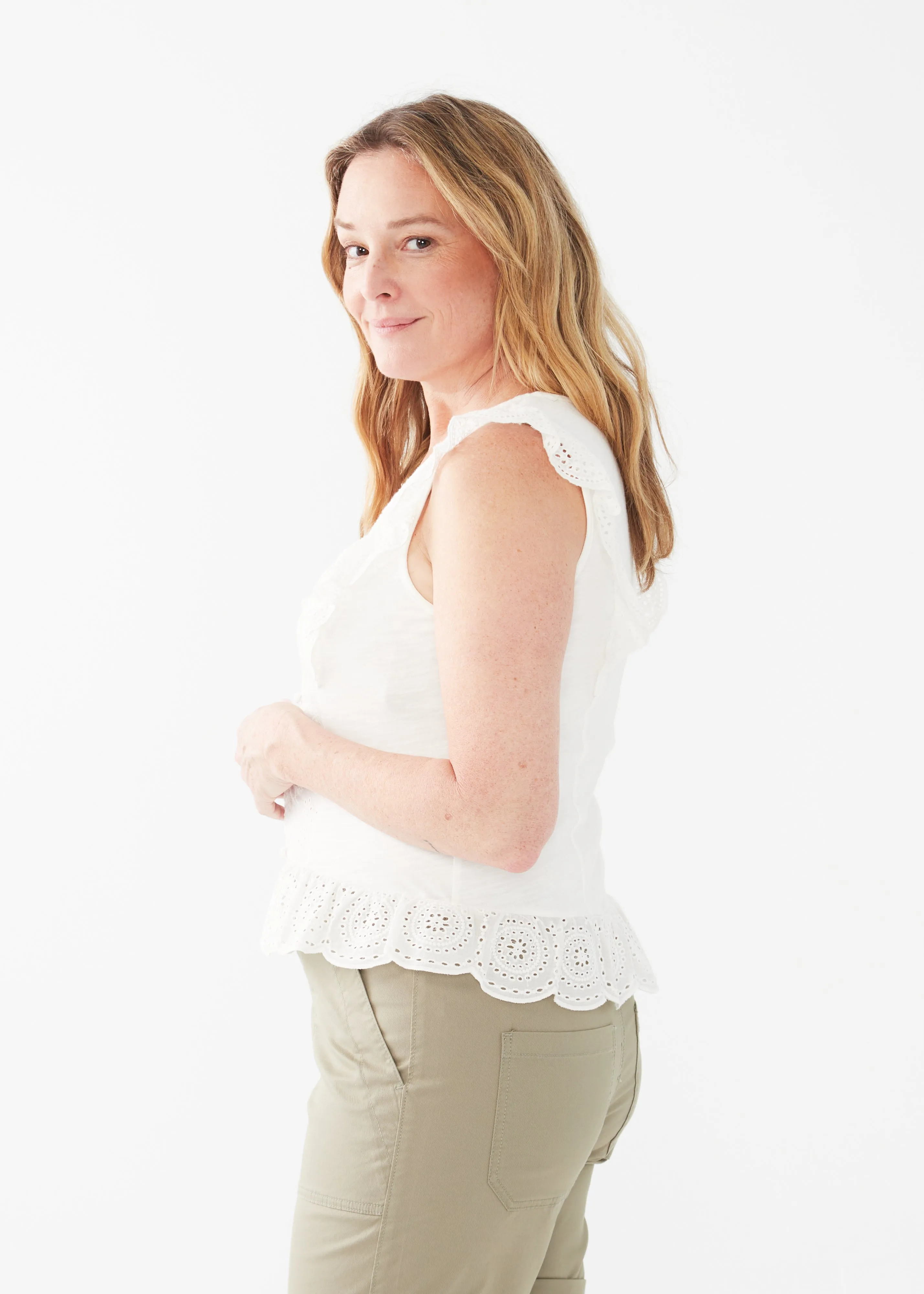 Mix Media Eyelet V-Neck Top