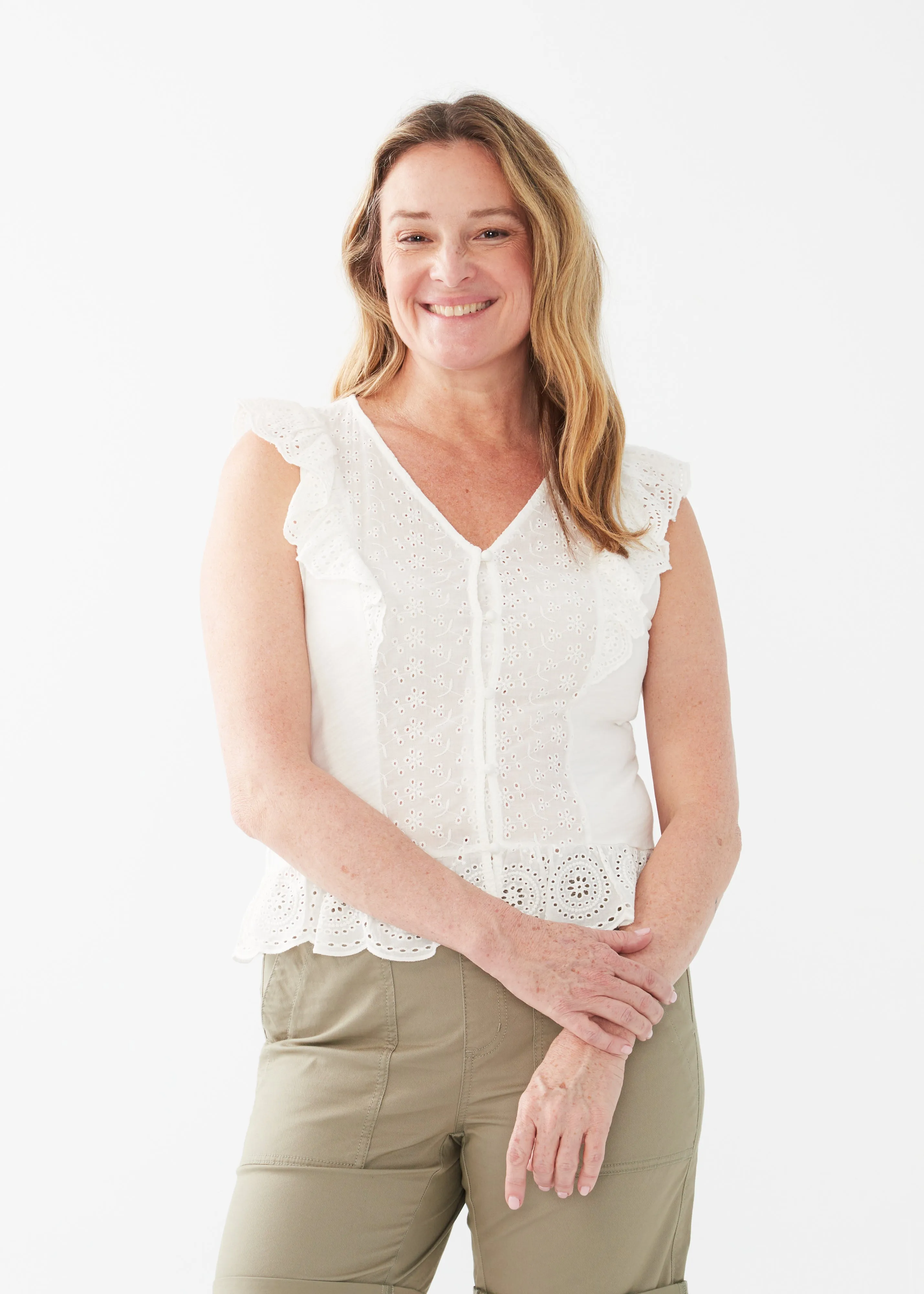 Mix Media Eyelet V-Neck Top