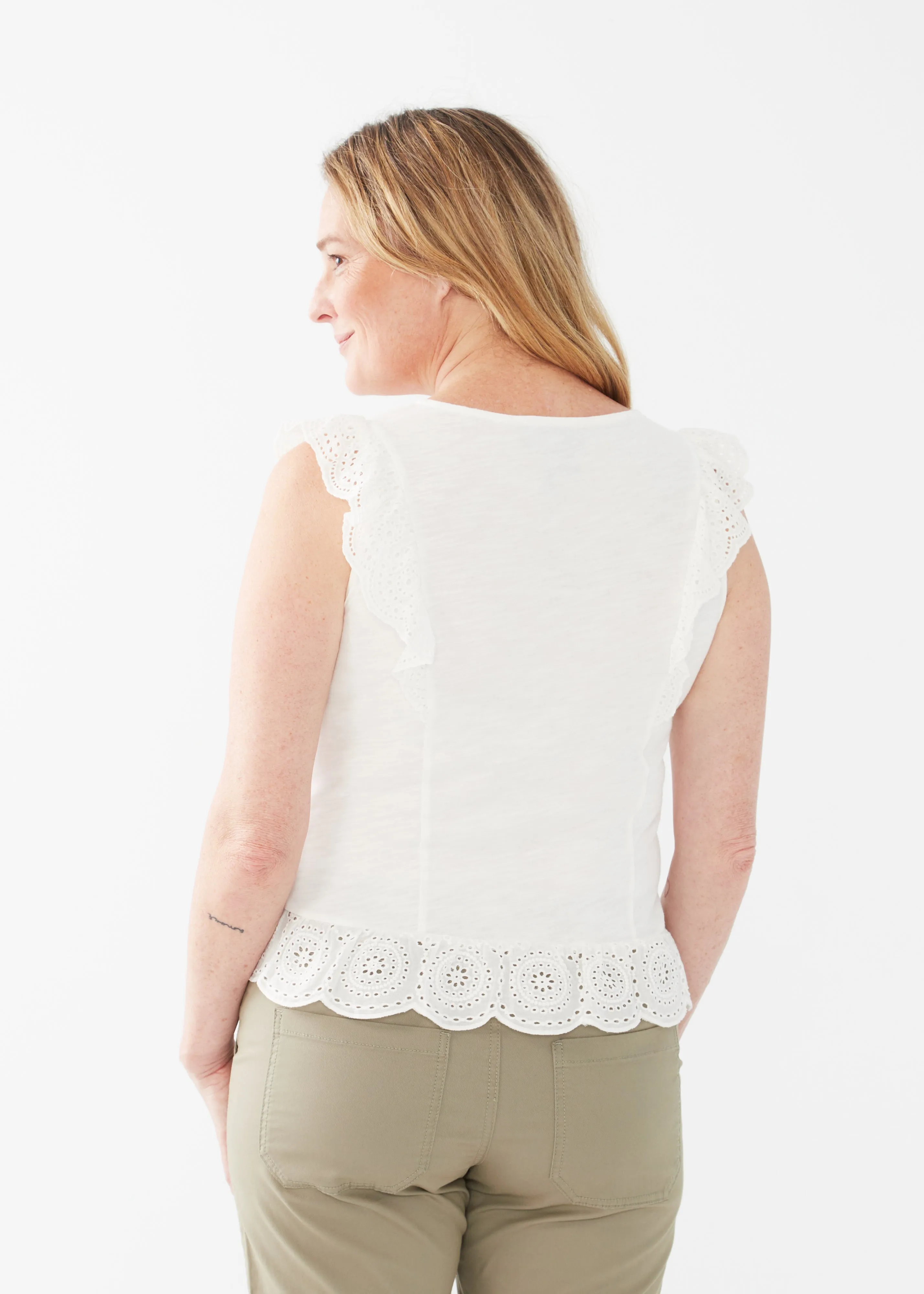 Mix Media Eyelet V-Neck Top