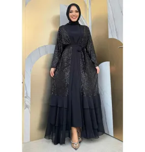 Modern Muslim Woman's Sequins Two Piece Abaya - 8483 Black