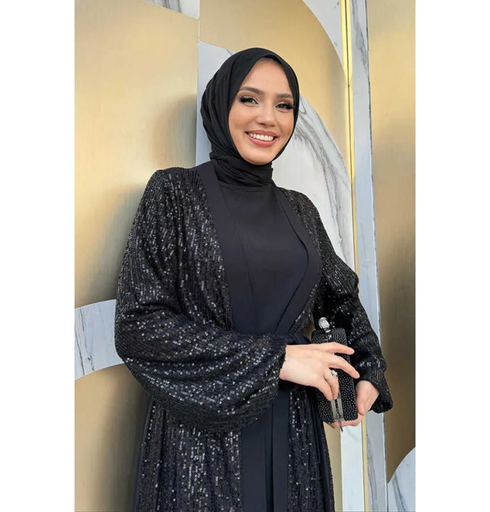 Modern Muslim Woman's Sequins Two Piece Abaya - 8483 Black