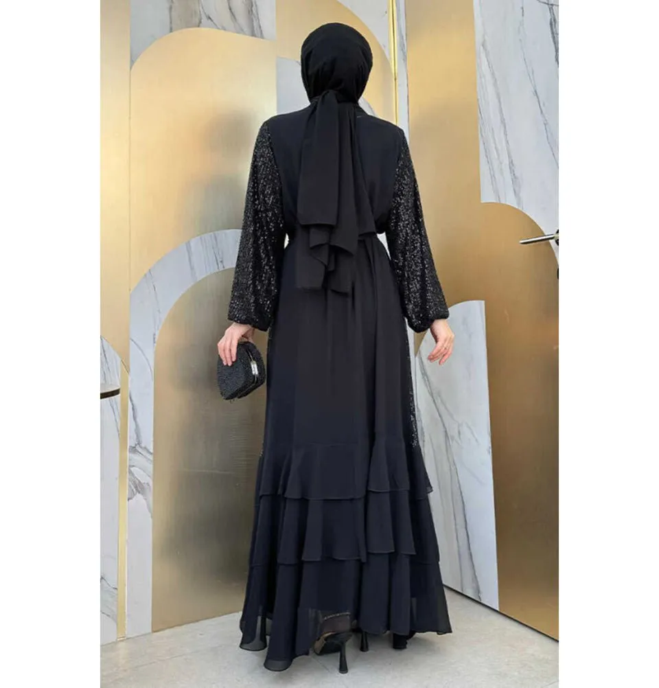 Modern Muslim Woman's Sequins Two Piece Abaya - 8483 Black