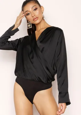 Monika Black Satin Wrap Bodysuit