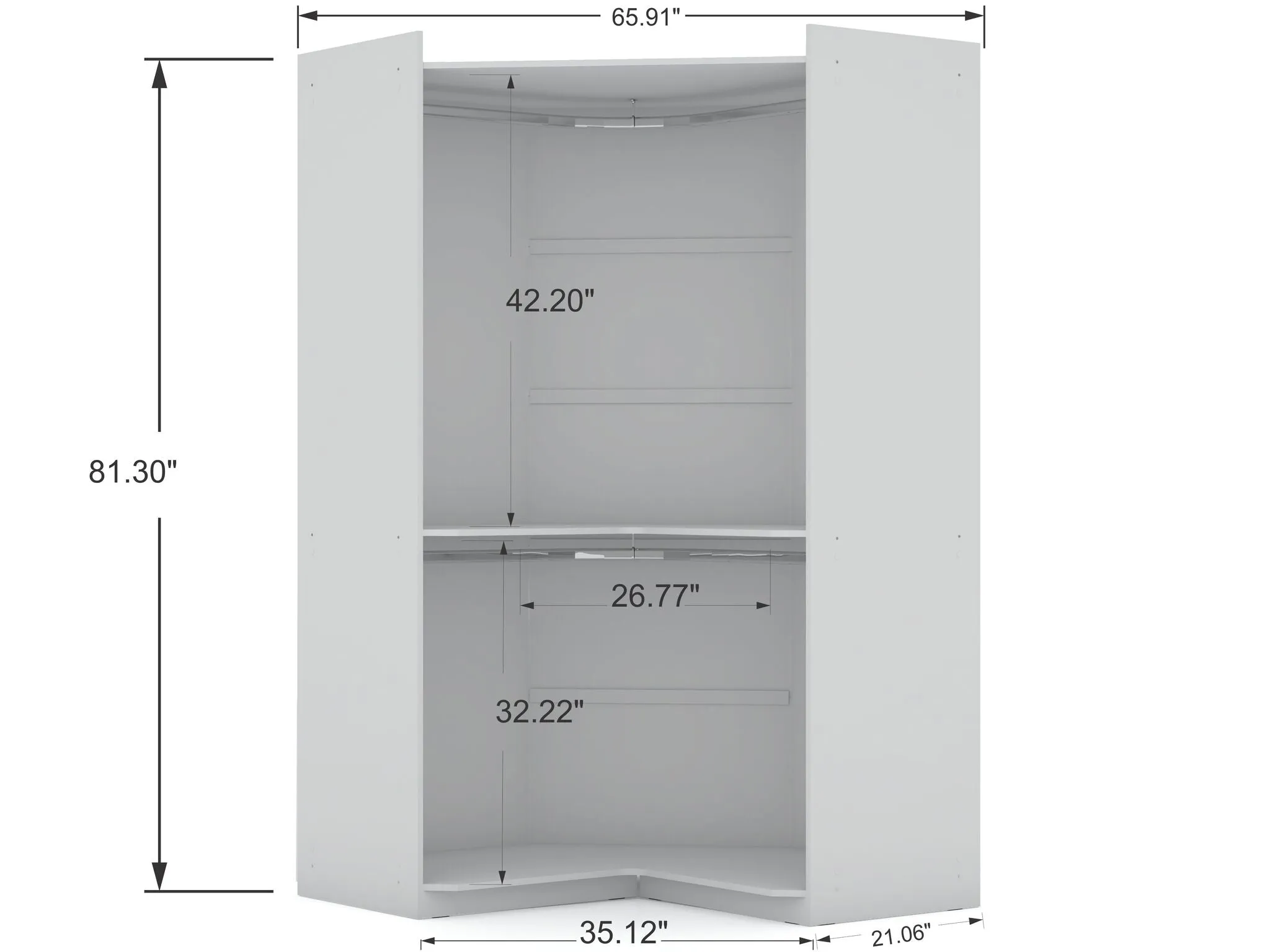 Mulberry Modern Open Corner Closet with 2 Hanging Rods in White