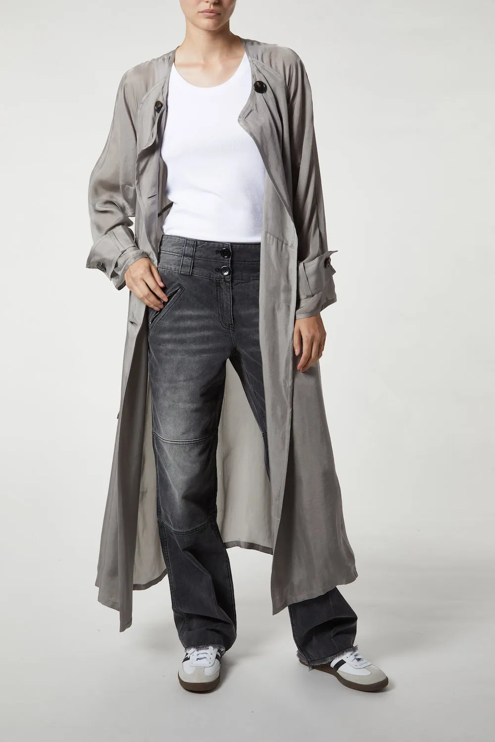 Nalani Double-Breasted Cupro Trench Coat, Light Grey