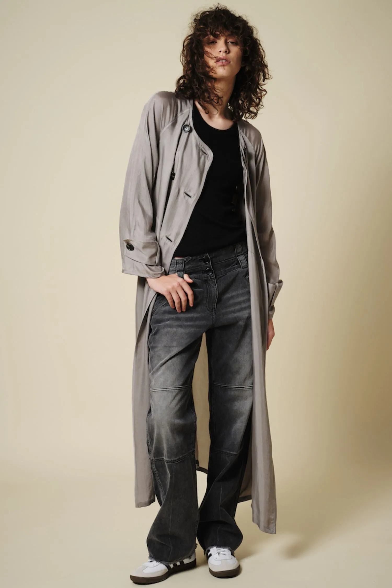 Nalani Double-Breasted Cupro Trench Coat, Light Grey