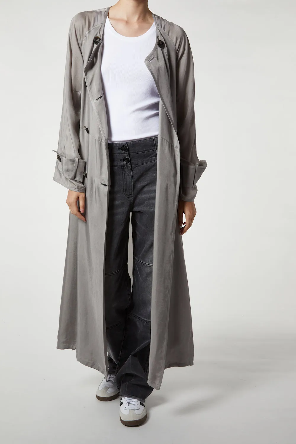 Nalani Double-Breasted Cupro Trench Coat, Light Grey