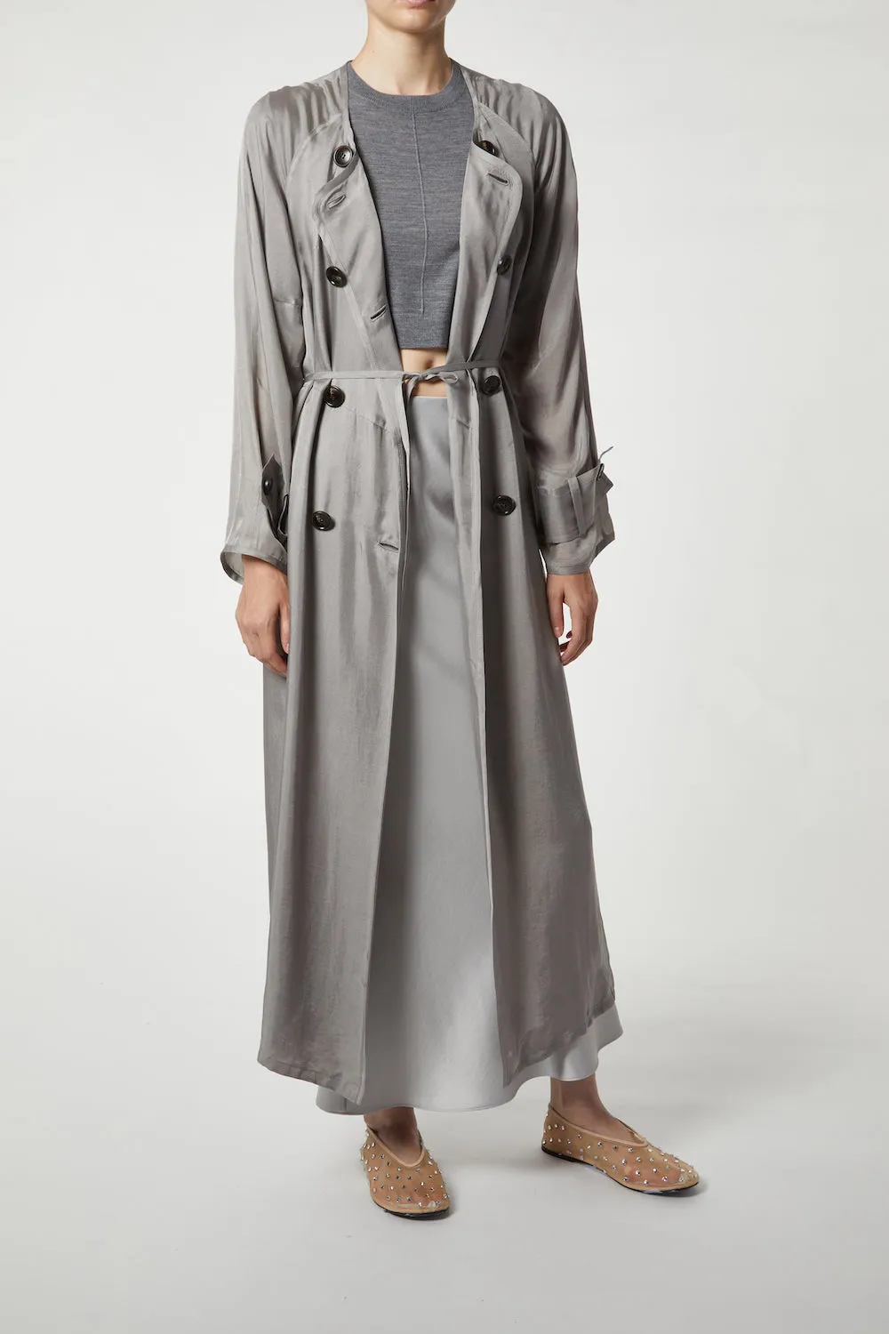 Nalani Double-Breasted Cupro Trench Coat, Light Grey
