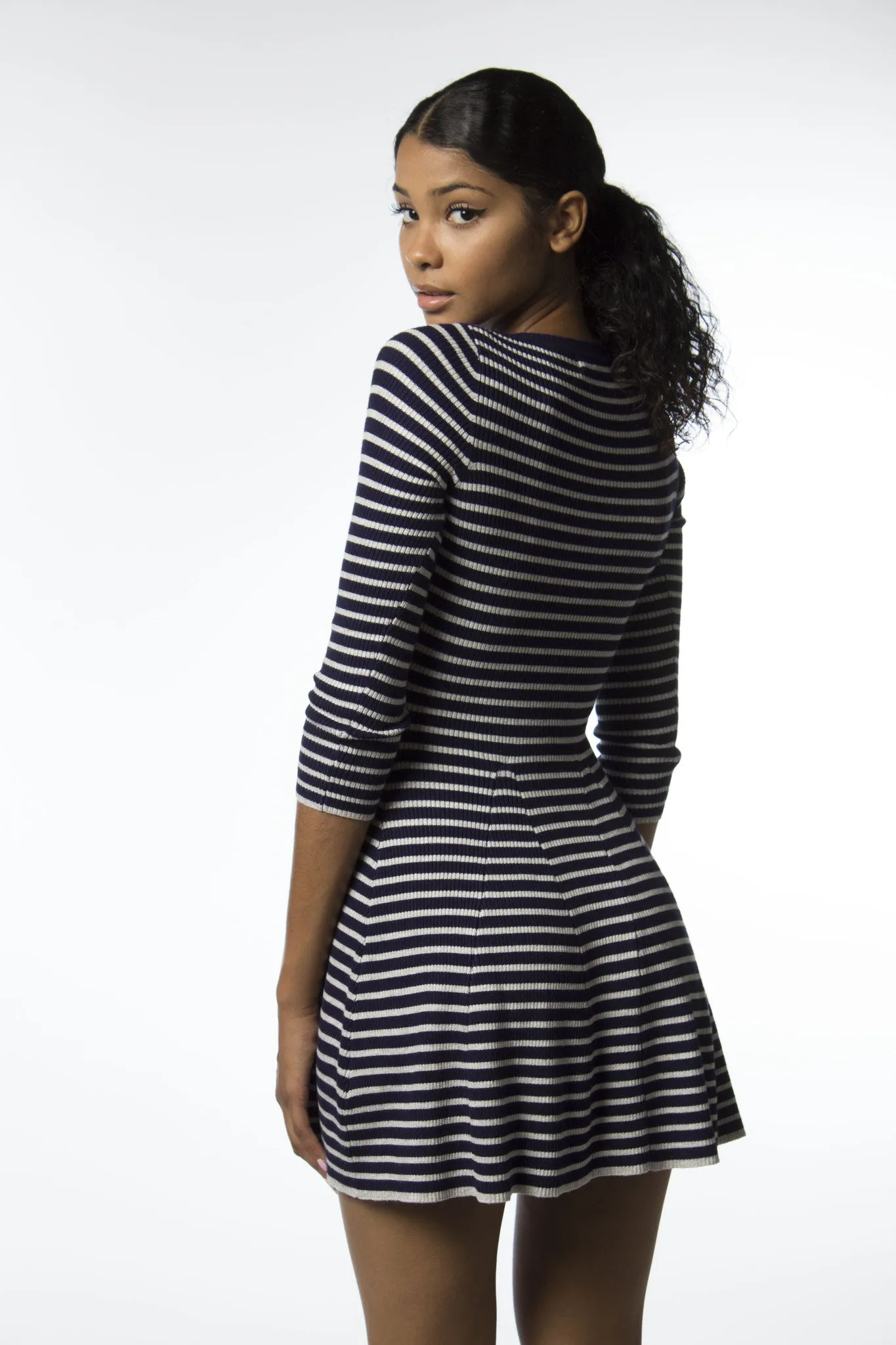 Navy - Grey Stripe Skater Dress-333
