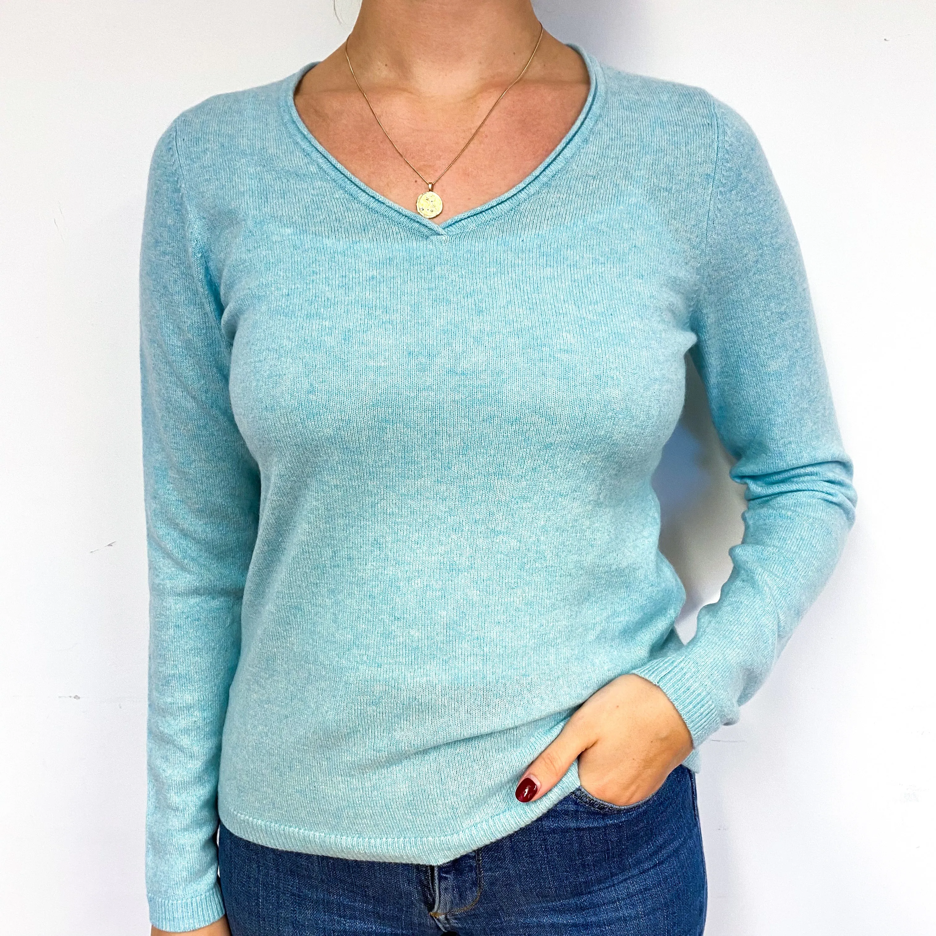 New Mint Green Cashmere V-Neck Jumper Small