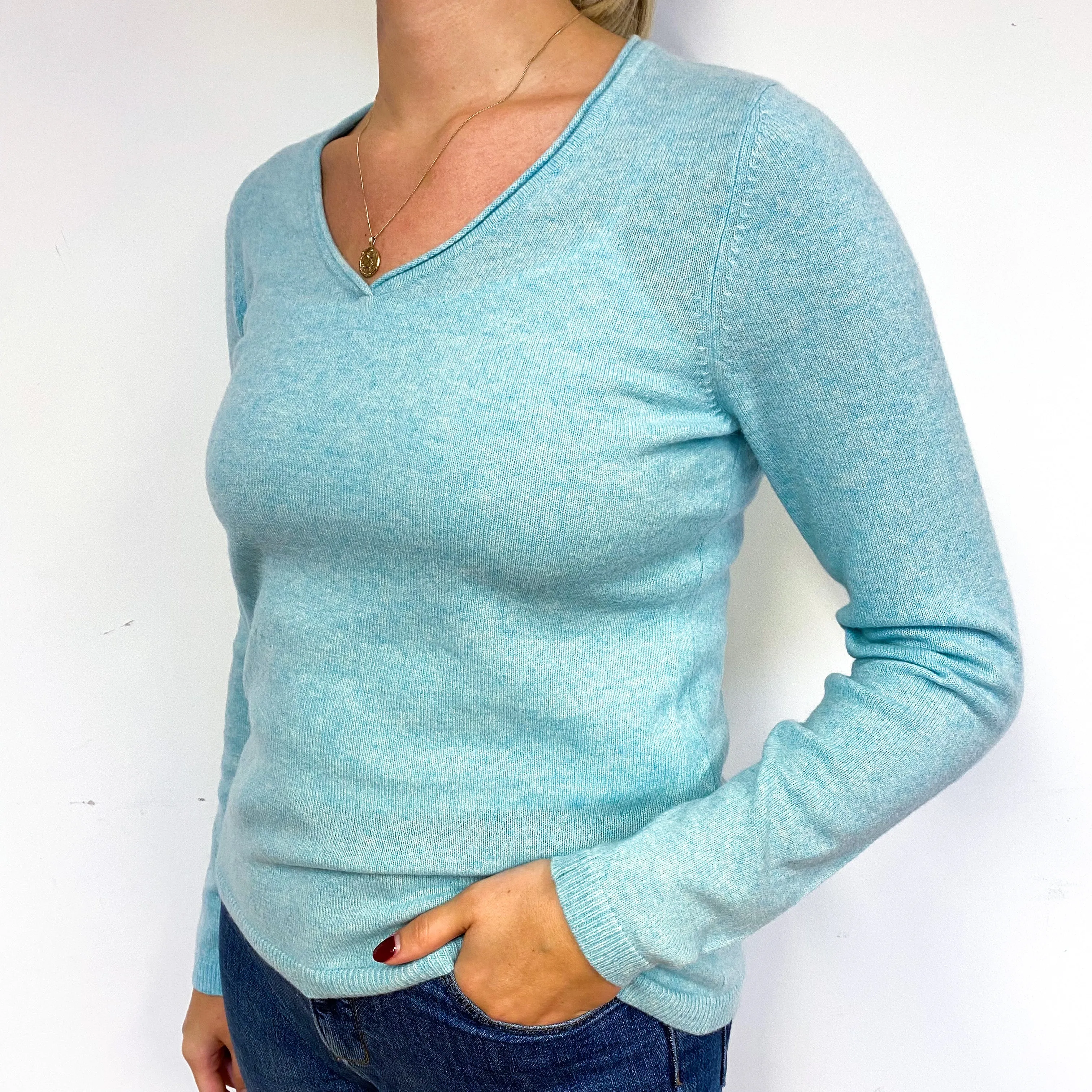 New Mint Green Cashmere V-Neck Jumper Small