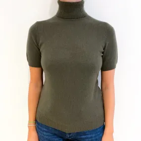 Olive Green Short Sleeve Cashmere Polo Neck Jumper Small