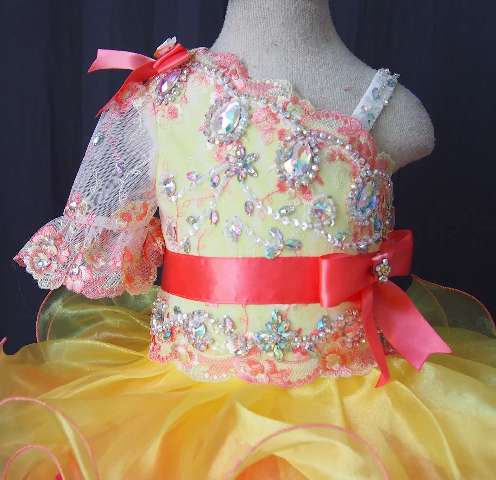 One Shoulder Lace Little Girl Glitz Beaded Bodice Cupcake Pageant Dress