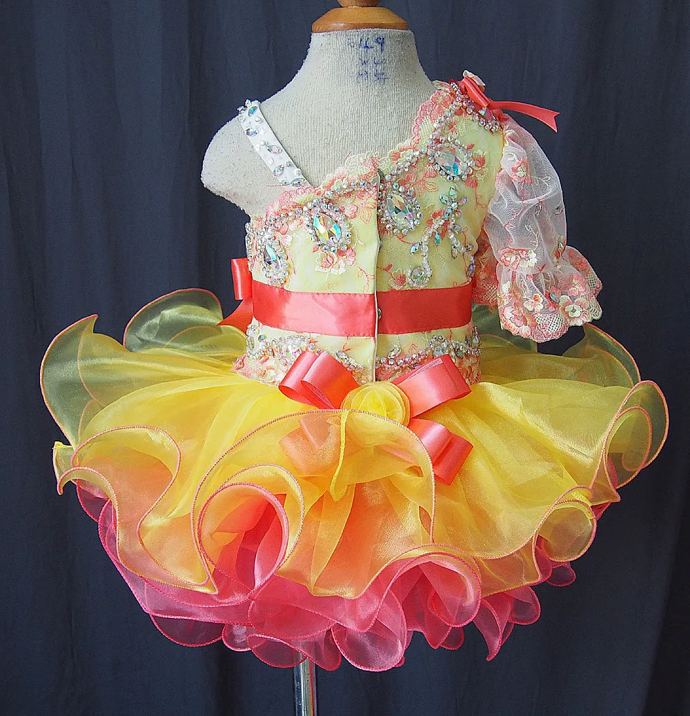 One Shoulder Lace Little Girl Glitz Beaded Bodice Cupcake Pageant Dress
