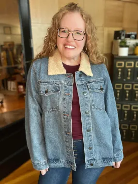 OVERSIZED WASHED DENIM JACKET WITH SHERPA COLLAR