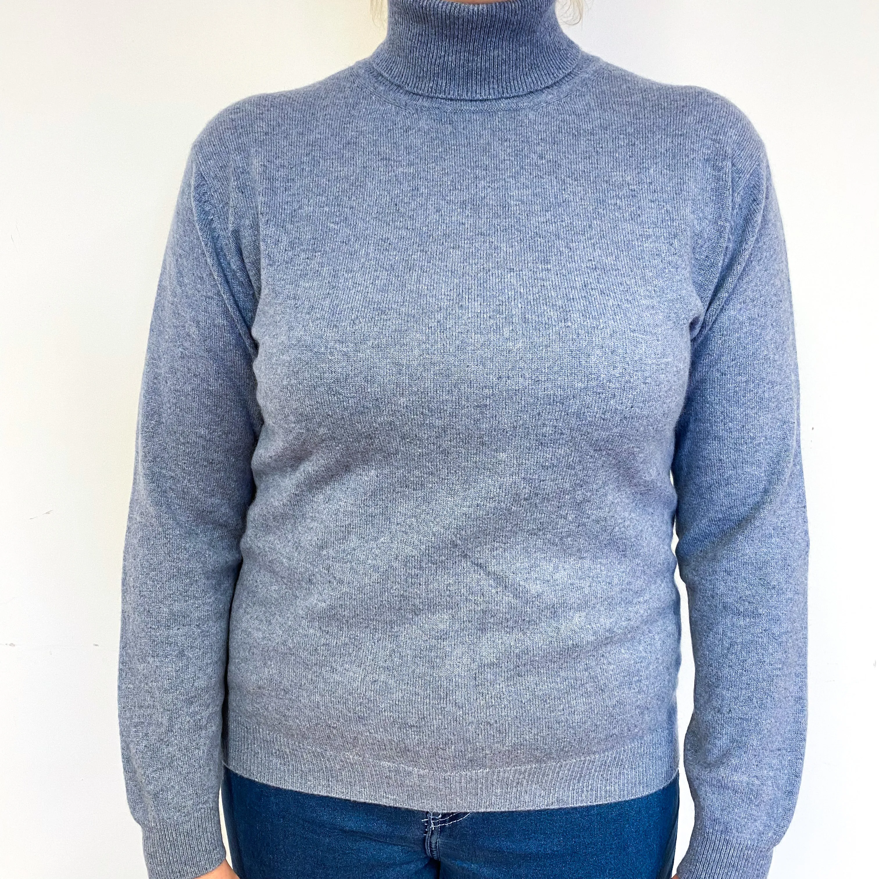 Pale Denim Blue Cashmere Polo Neck Jumper Large