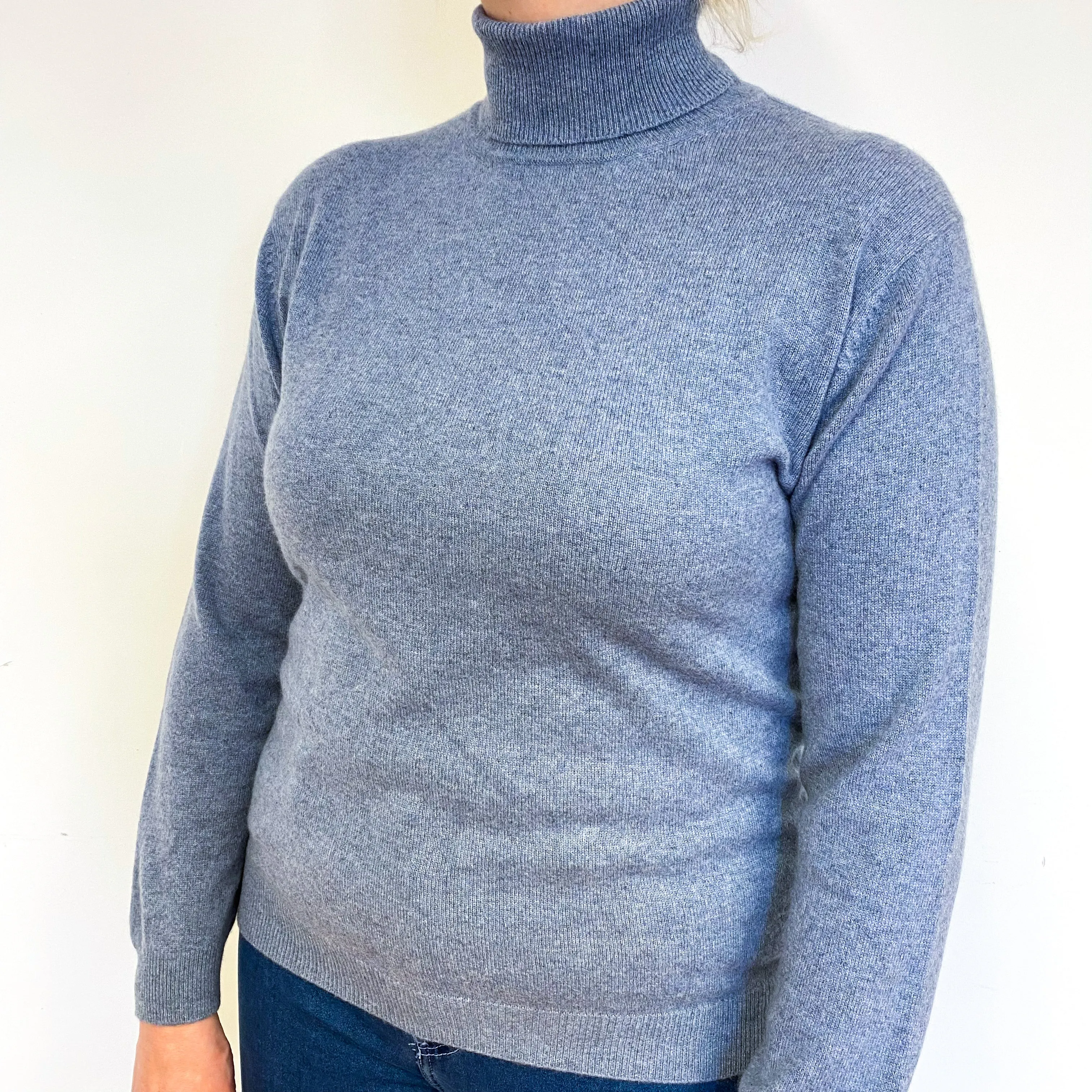 Pale Denim Blue Cashmere Polo Neck Jumper Large