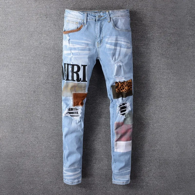 Patch Ripped Slim Fit Denim Jeans