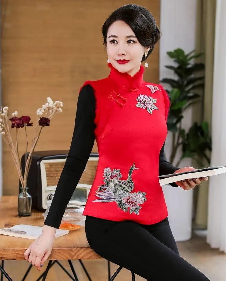 Peacock & Floral Embroidery Traditional Wadded Chinese Waistcoat Vest