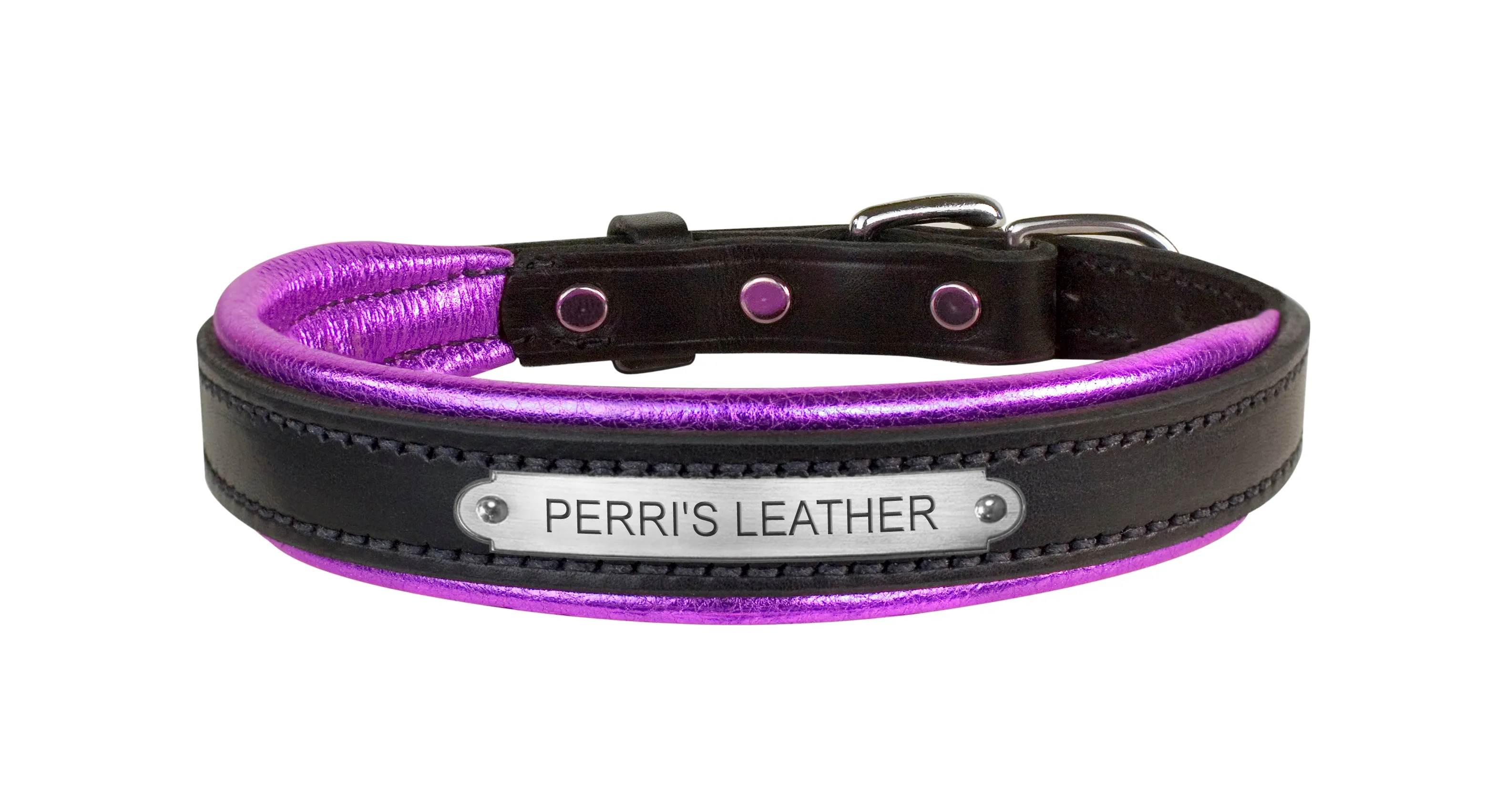 Perri's Black Engraved Padded Leather Dog Collar- with colorful padding- USA made