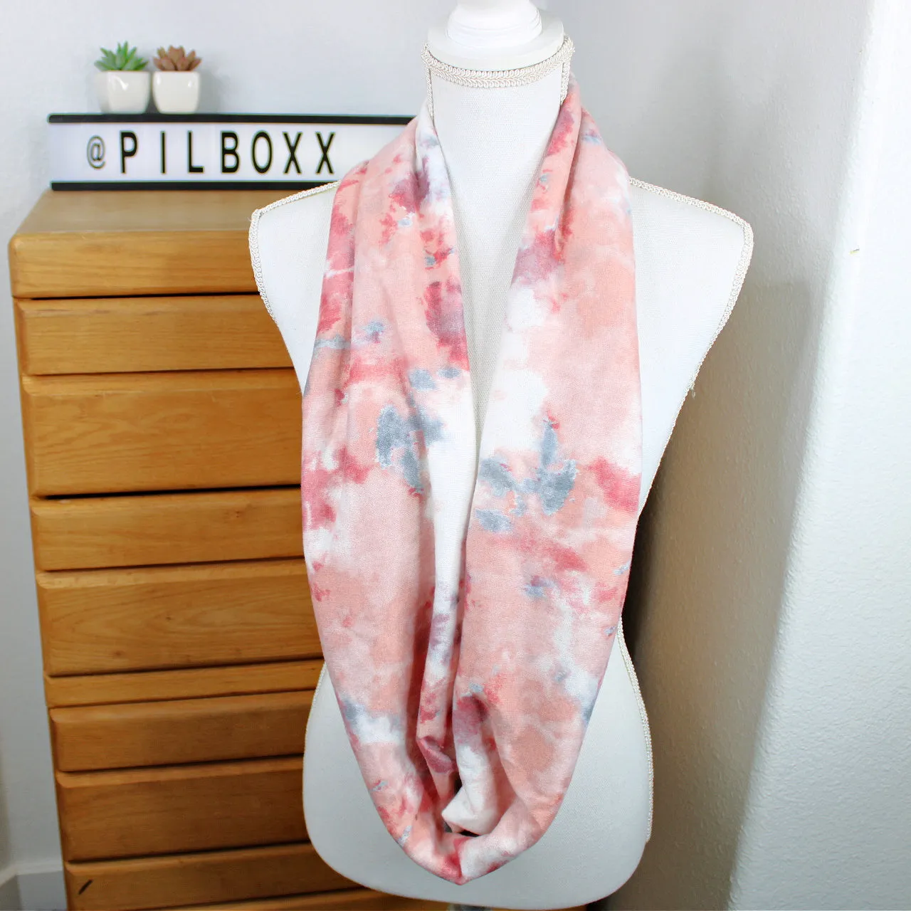 Pink and Gray Tie Dye Print Infinity Scarf