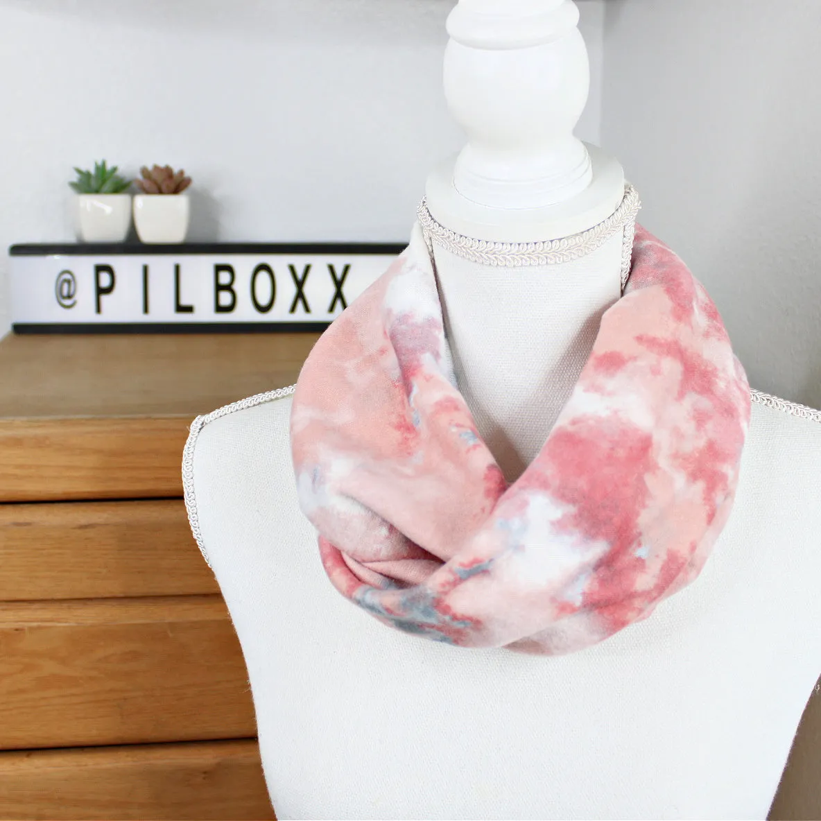 Pink and Gray Tie Dye Print Infinity Scarf